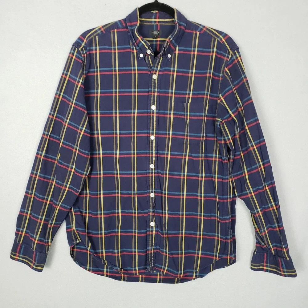 JCrew Long Sleeve Oxford Shirt Navy Blue Windowpane Plaid Office Casual Cotton L